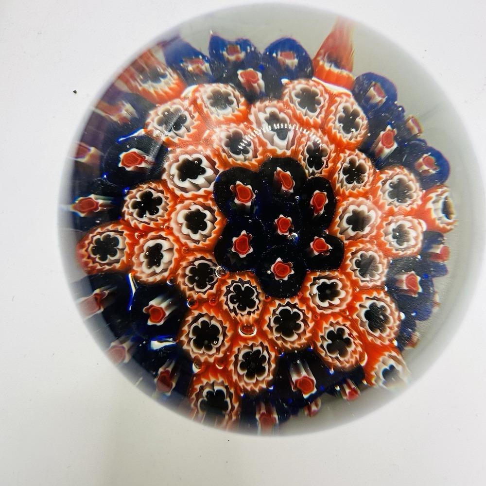 Vintage Millefiori Art Glass Paperweight Blue Red White,Floral Groovy MCM Decor - Picture 2 of 11